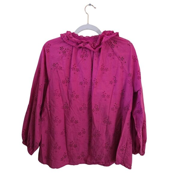 J. Crew Pink Eyelet Ruffled Collar Balloon Sleeve Peasant Blouse Size L - Picture 3 of 8